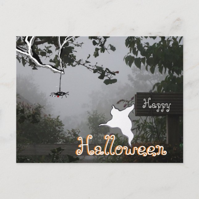 Foggy Autumn & Spider-Ghost HALLOWEEN Postcard (Front)