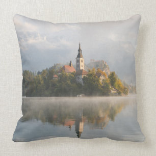 Foggy Bled Lake sunrise throw pillow
