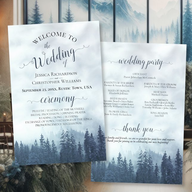 Foggy Blue Pines Budget Wedding Program (Front/Back)