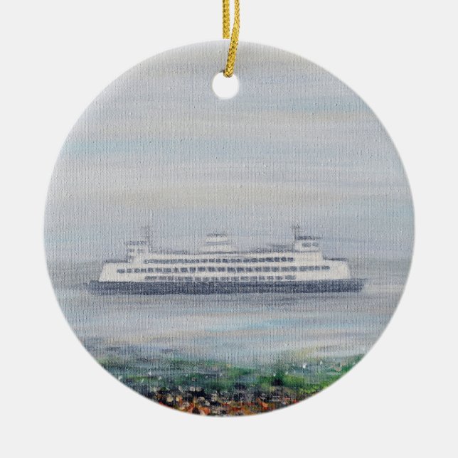 Foggy Ferry Painting Ceramic Ornament (Front)