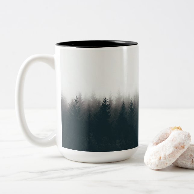 Foggy Forest Pine Mountain Aesthetic Art Two-Tone Coffee Mug (With Donut)