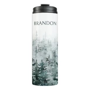 Foggy Forest pine trees personalized name Thermal Tumbler