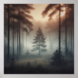 Foggy Forest Poster Art Print, Peaceful Nature