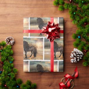 Foggy Friesian Morning Horse Wrapping Paper