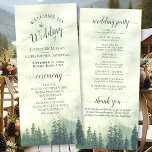Foggy Green Mountain Pine Forest Rustic Wedding Program<br><div class="desc">This beautiful wedding program features a rustic yet elegant design with a watercolor landscape of mountains covered in green pine trees shrouded in mist or fog. The titles are written in fancy script calligraphy, and there is space for your ceremony and wedding party details, as well as a short thank...</div>