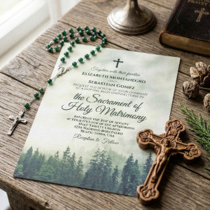 Foggy Green Mountain Pines Rustic Catholic Wedding Invitation