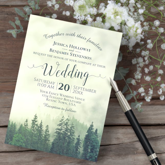 Foggy Green Mountain Pines Rustic Outdoors Wedding Invitation (Creator Uploaded)