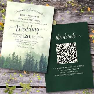 Foggy Green Mountain Pines Rustic QR Code Wedding Invitation