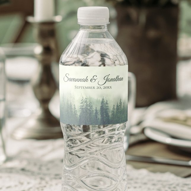 Foggy Green Pine Forest Rustic Wedding Water Bottle Label (Creator Uploaded)