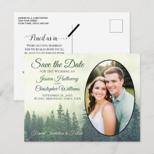 Foggy Green Pine Trees Oval Photo Save The Date Announcement Postcard
