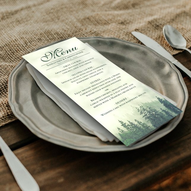 Foggy Green Pine Trees Rustic Elegance Wedding Menu (In Situ on Plate)