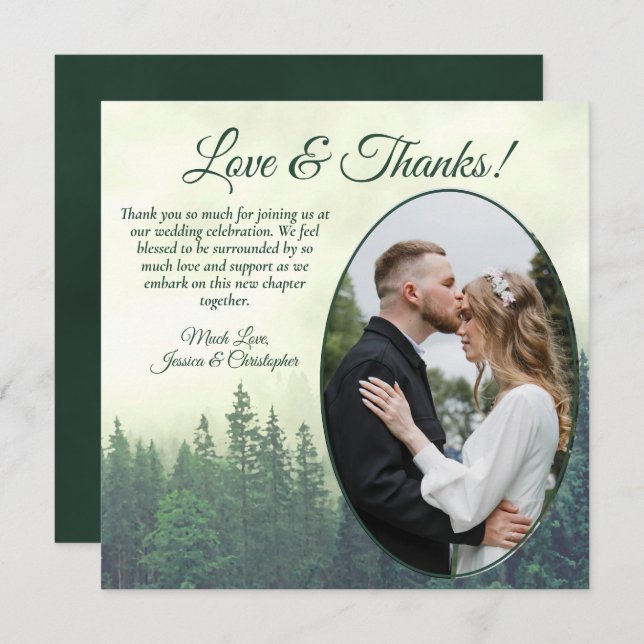 Foggy Green Pine Trees Rustic Wedding Oval Photo Thank You Card (Front/Back)