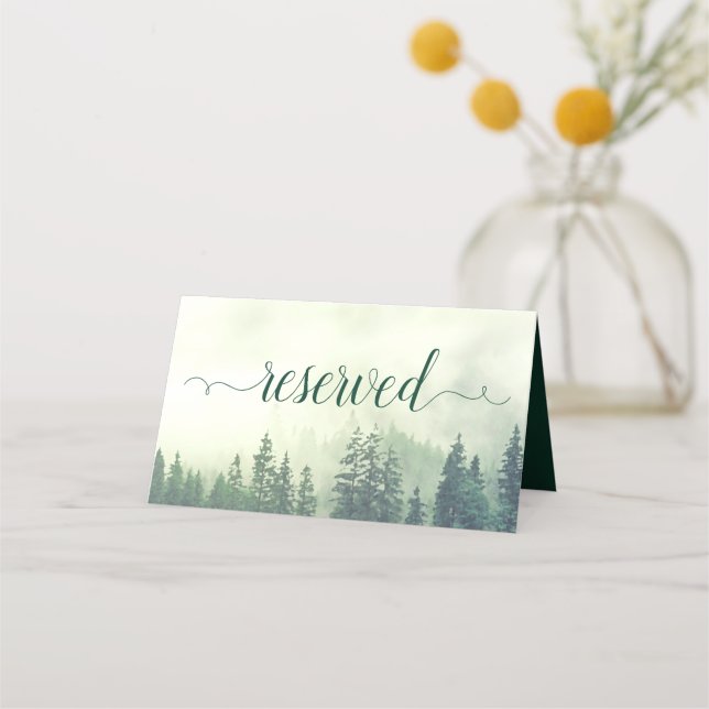 Foggy Green Pine Trees Rustic Wedding Reserved Place Card (Front)