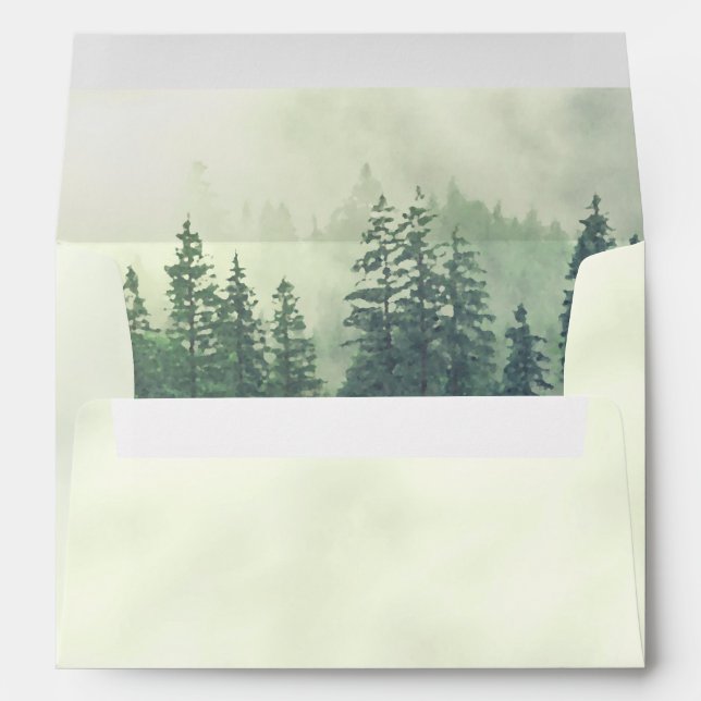 Foggy Green Pines Rustic Wedding Envelope (Back (Bottom))