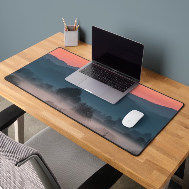 Foggy landscape at sunset desk mat (Office 2)