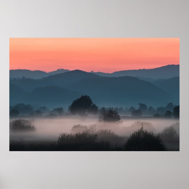 Foggy landscape at sunset poster (Front)