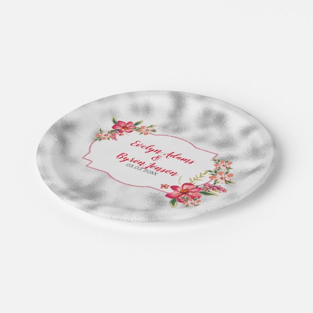 Foggy Light Grey Glass And Pink Flowers Paper Plate (Angled)
