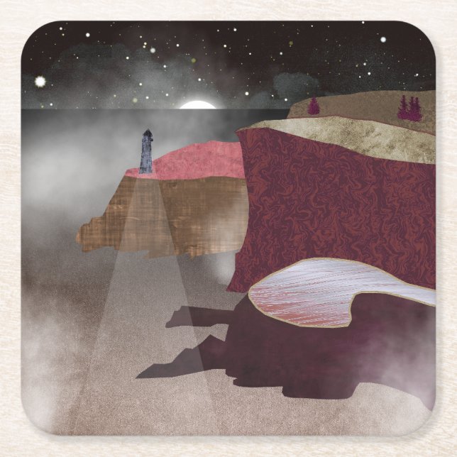 Foggy Lighthouse Square Paper Coaster (Front)