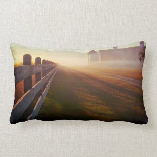 Foggy Morning Farm   Fence at Sunrise Lumbar Cushion