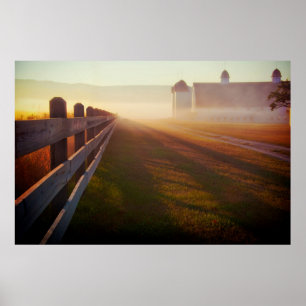 Foggy Morning Farm   Fence at Sunrise Poster