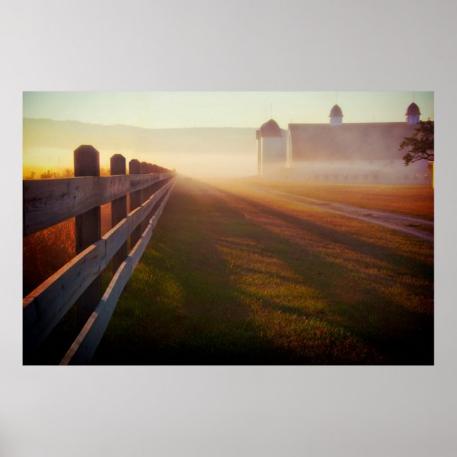 Foggy Morning Farm | Fence at Sunrise Poster (Front)