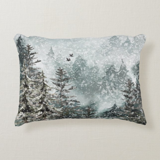 Foggy Mountain Snowy Woodland Forest Ravens Decorative Cushion (Front)