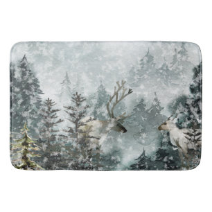 Foggy Mountain Snowy Woodland Forest Stag Deer Bath Mat