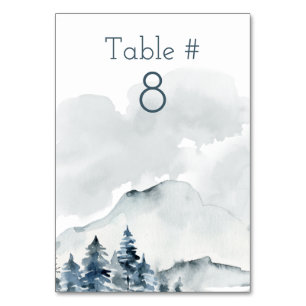 Foggy Mountain Watercolor Wedding Table Number
