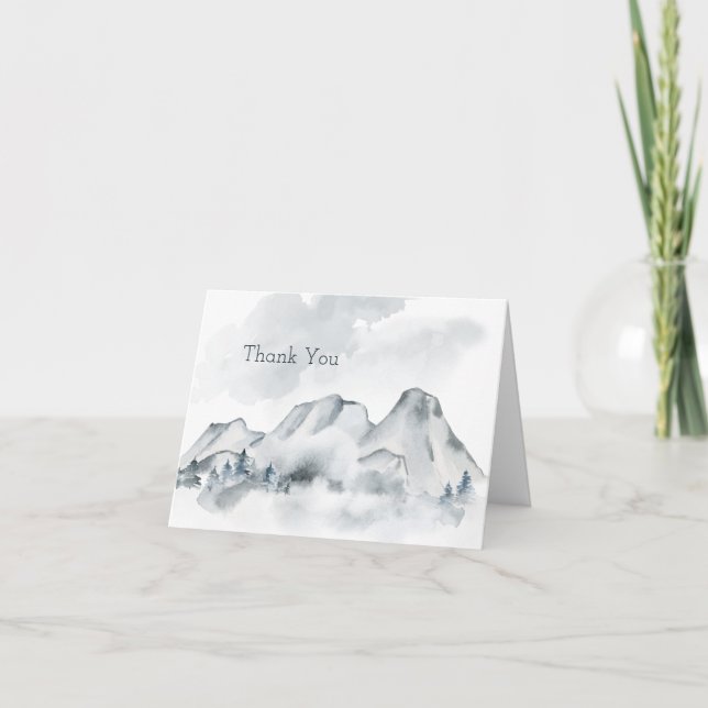 Foggy Mountain Watercolor Wedding Thank You (Front)