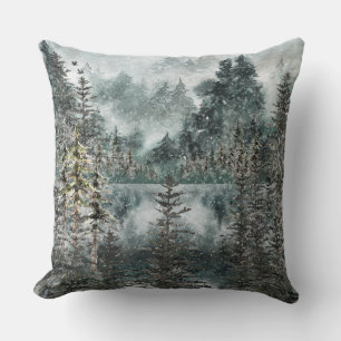 Foggy Mountain Woodland Forest Frozen Winter Lake Cushion