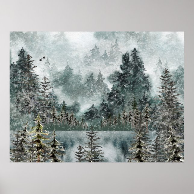Foggy Mountain Woodland Frozen Lake Poster (Front)