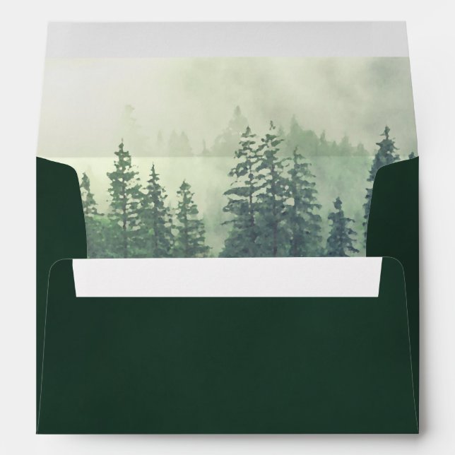 Foggy Mountains Deep Forest Green Rustic Wedding Envelope (Back (Bottom))