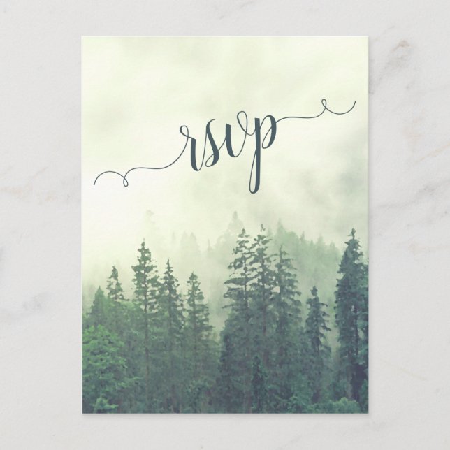 Foggy Mountains Green Pine Forest Wedding RSVP Postcard (Front)