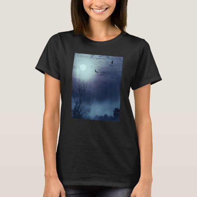 Foggy Nature Landscape Fullmoon And Bats   T-Shirt (Front)