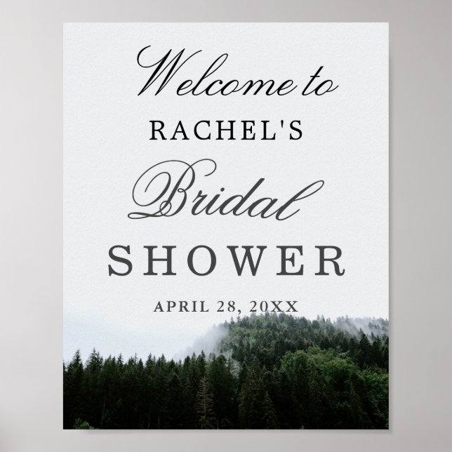 Foggy Pine Trees Rain Forest Bridal Shower Sign (Front)