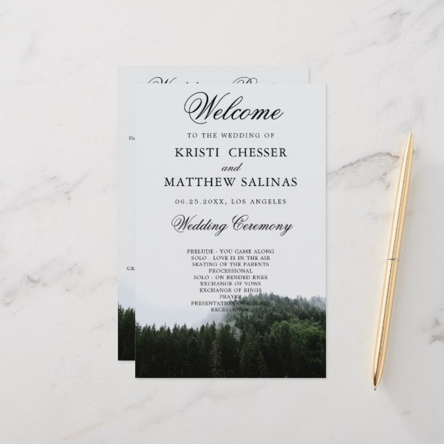 Foggy Pine Trees Rain Forest Wedding Program Card (Front/Back In Situ)