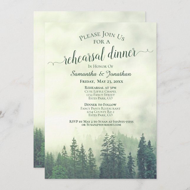 Foggy Pine Woods Green Wedding Rehearsal & Dinner Invitation (Front/Back)