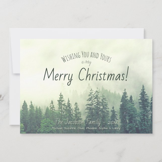 Foggy Pines Rustic Watercolor Merry Christmas Holiday Card (Front)