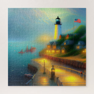 Foggy seaport and lighhouse jigsaw puzzle