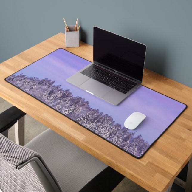 Foggy snow covered spruce forest at sunset desk mat (Office 2)