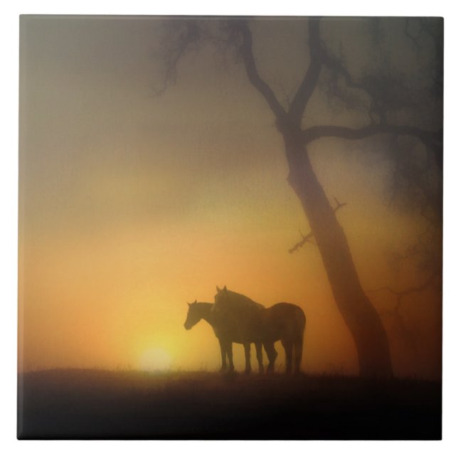 Foggy Sunrise Horses and Oaktree Tile (Front)