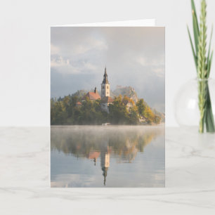Foggy sunrise Lake Bled greeting card