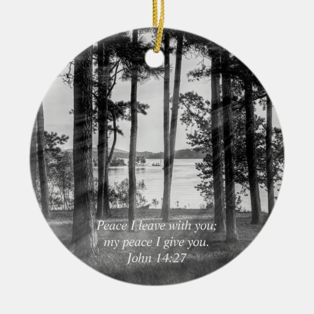 Foggy Trees At Table Rock Grayscale Bible Verse Ceramic Ornament (Front)