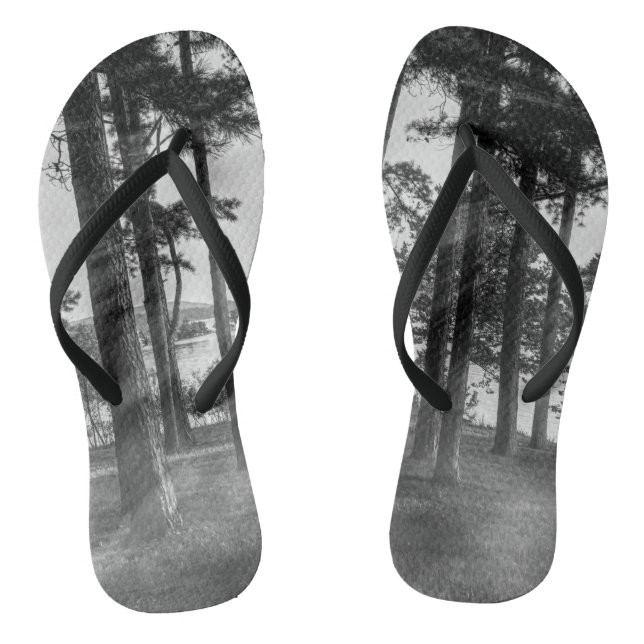 Foggy Trees At Table Rock Grayscale Thongs (Footbed)