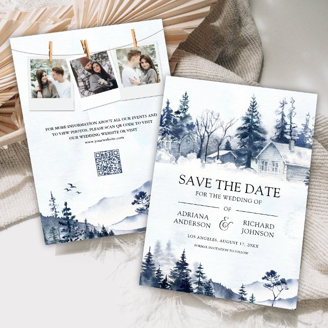 Foggy Winter Mountain Pine Forest QR Code Wedding Save The Date (Creator Uploaded)
