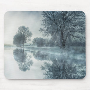 Foggy Winter Scene of a Lake, with Trees, and Sky Mouse Pad