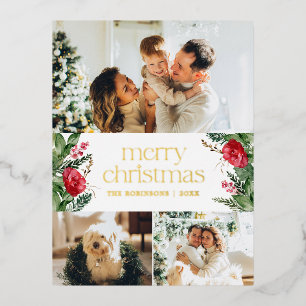 Foil 3 Photo Elegant Merry Christmas Botanical Holiday Postcard