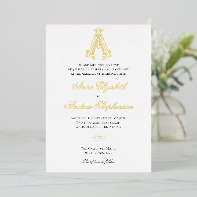 Foil AA Monogram Wedding Invitation  (Standing Front)