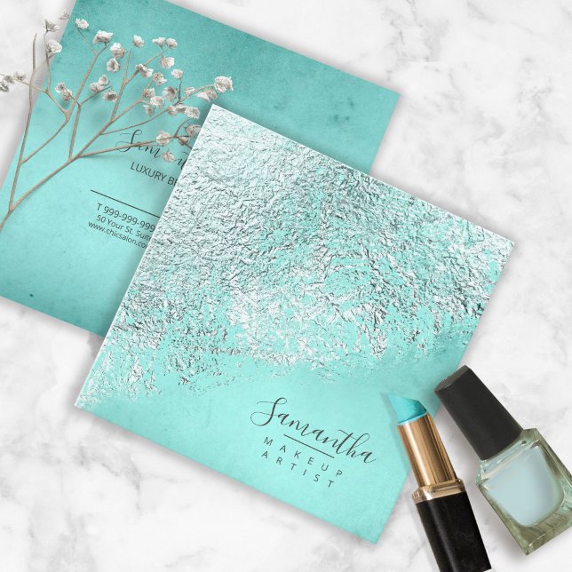 Foil Abstract Silver Teal ID775 Square Business Card (Creator Uploaded)