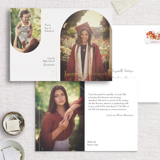 Foil Arch 2 Photo Then/Now Graduation Announcement (Creator Uploaded)